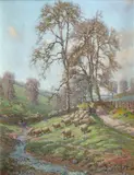 Landscape with a shepherd and his flock by a stream Signed Arthur Meade by Arthur Meade, Oil on board, offered Mar 2022