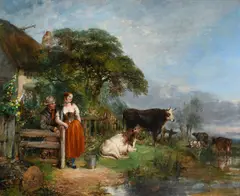 A couple outside a cottage with cattle watering Signed H by Henry Andrews, Oil on canvas, offered Mar 2022