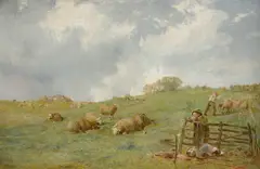 Shepherds and their flock on a hillside Signed JJ Hill by James John Hill, Oil on canvas, sold Mar 2022
