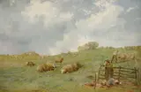 Shepherds and their flock on a hillside Signed JJ Hill by James John Hill, Oil on canvas, sold Mar 2022
