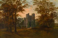 View of Donnington Castle with figures conversing on a path Signed by Richard Allam, Oil on canvas, offered Mar 2022
