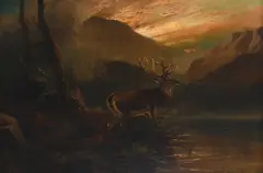 Highland landscape with a stag standing on the shore of a loch Signed by Clarence Roe, Oil on canvas, sold Mar 2022