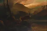 Highland landscape with a stag standing on the shore of a loch Signed by Clarence Roe, Oil on canvas, sold Mar 2022