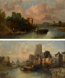A ferry crossing the Rhine by a ruined tower by Alfred Montague, oil on board, offered Mar 2022
