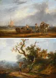 Coastal landscape with fishermen unloading their boat and a woman by Samuel Williamson, oil on panel, sold Mar 2022