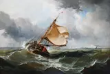 A gaff-rigged fishing boat in choppy waters off the coast by George Chambers Sen., Oil on canvas, sold Mar 2022