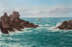 Seascape with water breaking on the rocks and ships in the distance by David James, Oil on canvas, sold Mar 2022
