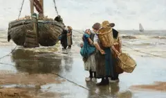 Fisherwomen on the shore Signed Blommers by Bernard Blommers, Oil on panel, sold Mar 2022
