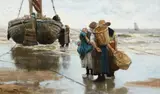 Fisherwomen on the shore Signed Blommers by Bernard Blommers, Oil on panel, sold Mar 2022