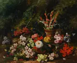 Forest floor still life with flowers and a bird's nest Signed and by Henry John Livens, Oil on canvas, sold Mar 2022