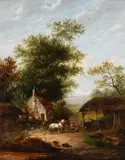 Landscape with figures and horses in a farmyard Signed W Lara by William Lara, Oil on canvas, offered Mar 2022