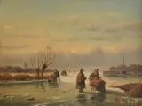 Winter landscape with figures on a frozen river Oil by Nicolaas Johannes Roosenboom, Oil on panel, offered Mar 2022