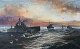 A naval convoy with other shipping in coastal waters at by Edward Henry Eugene Fletcher, Oil on canvas, offered Mar 2022