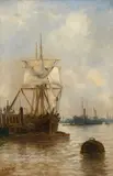 Shipping on the Lower Thames with workmen on the dockside by Edward Henry Eugene Fletcher, Oil on canvas, sold Mar 2022