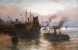 Shipping on the Thames near Limehouse at dusk Signed E by Edward Henry Eugene Fletcher, Oil on canvas, sold Mar 2022