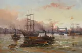 Shipping in the Pool of London at dusk by Edward Henry Eugene Fletcher, Oil on canvas, sold Mar 2022