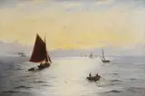 Shipping in coastal waters at sunrise Signed E by Edward Henry Eugene Fletcher, Oil on canvas, offered Mar 2022