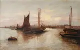 Shipping and barges on the Thames at dusk Signed and by Edward Henry Eugene Fletcher, Oil on canvas, sold Mar 2022