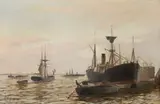Shipping in Port Signed E by Edward Henry Eugene Fletcher, Oil on canvas, sold Mar 2022