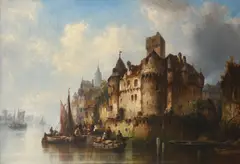 River landscape with figures outside a town Signed and dated L by Ludwig Hermann, Oil on canvas, sold Mar 2022