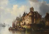 River landscape with figures outside a town Signed and dated L by Ludwig Hermann, Oil on canvas, sold Mar 2022