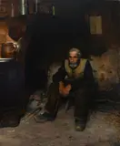 An old man sitting by the fireplace Signed and inscribed Carlos by Carlos Reis, Oil on canvas, sold Mar 2022