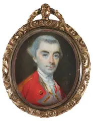 Portrait miniature of an officer in uniform with powdered by Nathaniel Hone, watercolor, sold Mar 2022