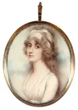 Portrait miniature of a lady wearing a white dress and white bandeau by Andrew Plimer, watercolor, sold Mar 2022