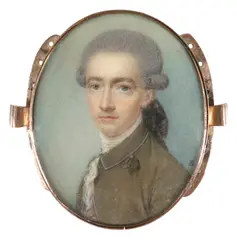 Portrait miniature of a gentleman wearing an olive-green coat and with by William Singleton, watercolor, sold Mar 2022