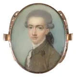 Portrait miniature of a gentleman wearing an olive-green coat and with by William Singleton, watercolor, sold Mar 2022