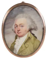 Portrait miniature of a gentleman wearing a green jacket and white by Thomas Peat, watercolor, sold Mar 2022