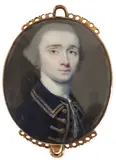 Portrait miniature of a gentleman wearing a blue trimmed coat and by James Reily, watercolor, sold Mar 2022