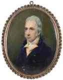 Portrait miniature of a Thomas Lee wearing a blue coat by John Cox Dillman Engleheart, watercolor, sold Mar 2022