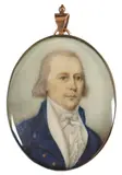 Portrait miniature of a gentleman in a blue coat and white waistcoat by Thomas H. Hull, watercolor, sold Mar 2022