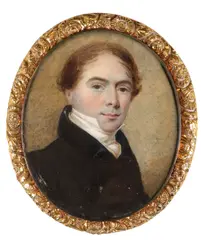 Portrait miniature of a gentleman wearing a black coat and yellow by Thomas Hargreaves, watercolor, sold Mar 2022