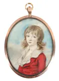 Portrait miniature of a boy wearing a red double-breasted coat with by Thomas Arrowsmith, watercolor, sold Mar 2022