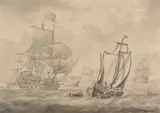 Dutch shipping in calm waters Signed A Silo by Adam Silo, Pen and ink, and grey wash, offered Mar 2022
