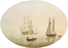 A man-o-war and other shipping in calm waters Signed and dated N by Nicholas Pocock, Pencil and watercolour, oval, sold Mar 2022