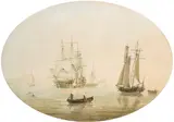 A man-o-war and other shipping in calm waters Signed and dated N by Nicholas Pocock, Pencil and watercolour, oval, sold Mar 2022