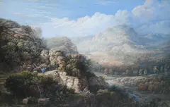 River landscape with figures and sheep Pencil by John Glover Ows, Pencil, watercolour and bodycolour, heightened with gum arabic, sold Mar 2022