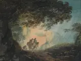 Wooded landscape with travellers on horseback and a cottage in the by William Payne Ows, Watercolour, sold Mar 2022