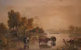 Evening landscape with cattle watering in the Thames with by Ramsay Richard Reinagle, Pencil and watercolour heightened with white, offered Mar 2022