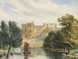 Chepstow Castle across the River Wye Signed with monogram by Paul Jacob Naftel, watercolor, offered Mar 2022