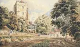 Landscape with figures on a road outside a village church Signed with by Robert Brandard, Pencil and watercolour, offered Mar 2022