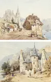 Figures on a path by a river with a castle on a hill beyond by Thomas Shotter Boys Nws, watercolour, sold Mar 2022