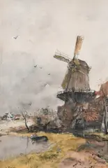 Landscape with a windmill Signed J Maris by Jacob Maris, Watercolour, sold Mar 2022