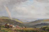 Figures and cattle travelling through a landscape in Falmer by Vivian Rolt, Watercolour heightened with white, sold Mar 2022