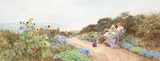 Mother and child reading on a coastal path Signed and dated Tom by Tom James Lloyd, Pencil and watercolour heightened with bodycolour, sold Mar 2022