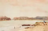 River landscape with a woman and a dog walking on a by Walter Tyndale, Watercolour, offered Mar 2022