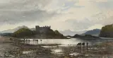 Scottish landscape with a castle by a loch and cattle watering by Kate Macaulay, Pencil and watercolour, sold Mar 2022